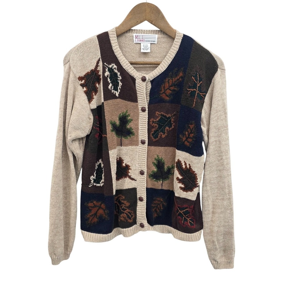 Vintage Milano Womens L Fall‎ Leaf Patchwork Cardigan Sweater Rustic Earthy Knit